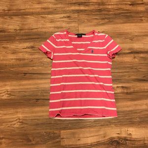 White/Pink Striped V-Neck Polo Shirt